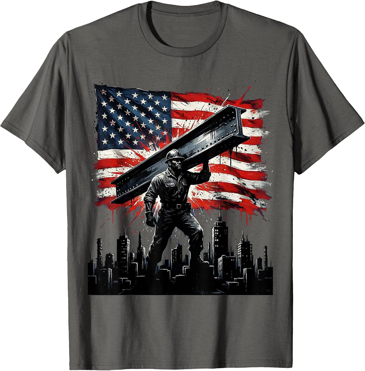 Steelworker Over City Skyline America First Tee T-Shirt - Asphalt Grey