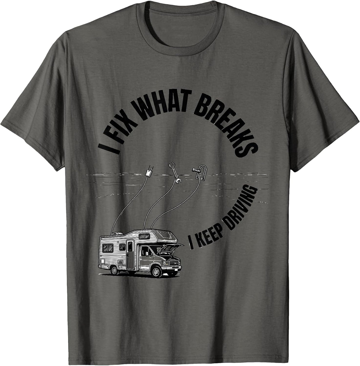 I Fix What Breaks, I Keep Driving Line Art Van Life Nomad T-Shirt - Asphalt Grey