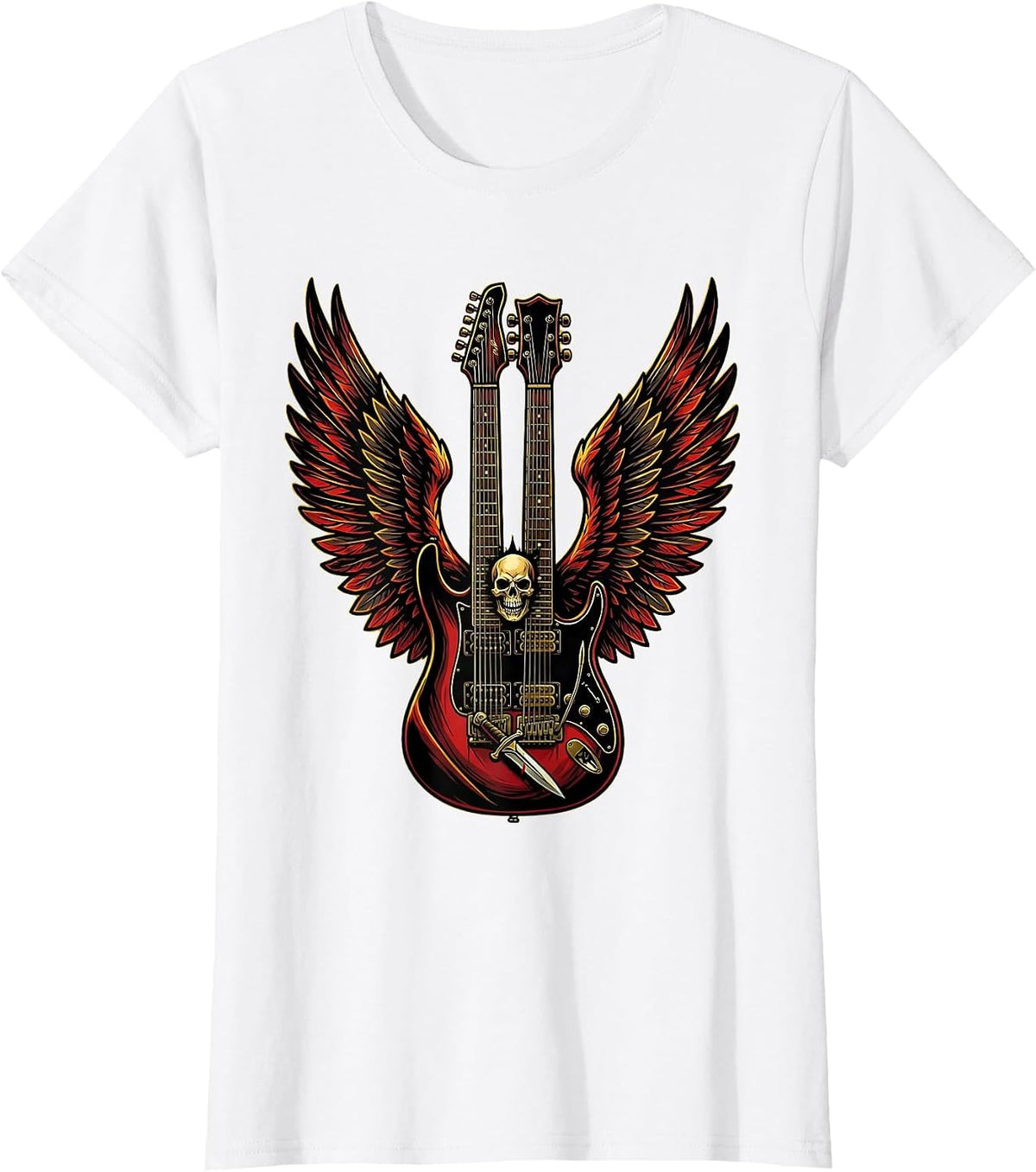 80s Rock Double-Neck Guitar With Wings Graphic T-Shirt - White