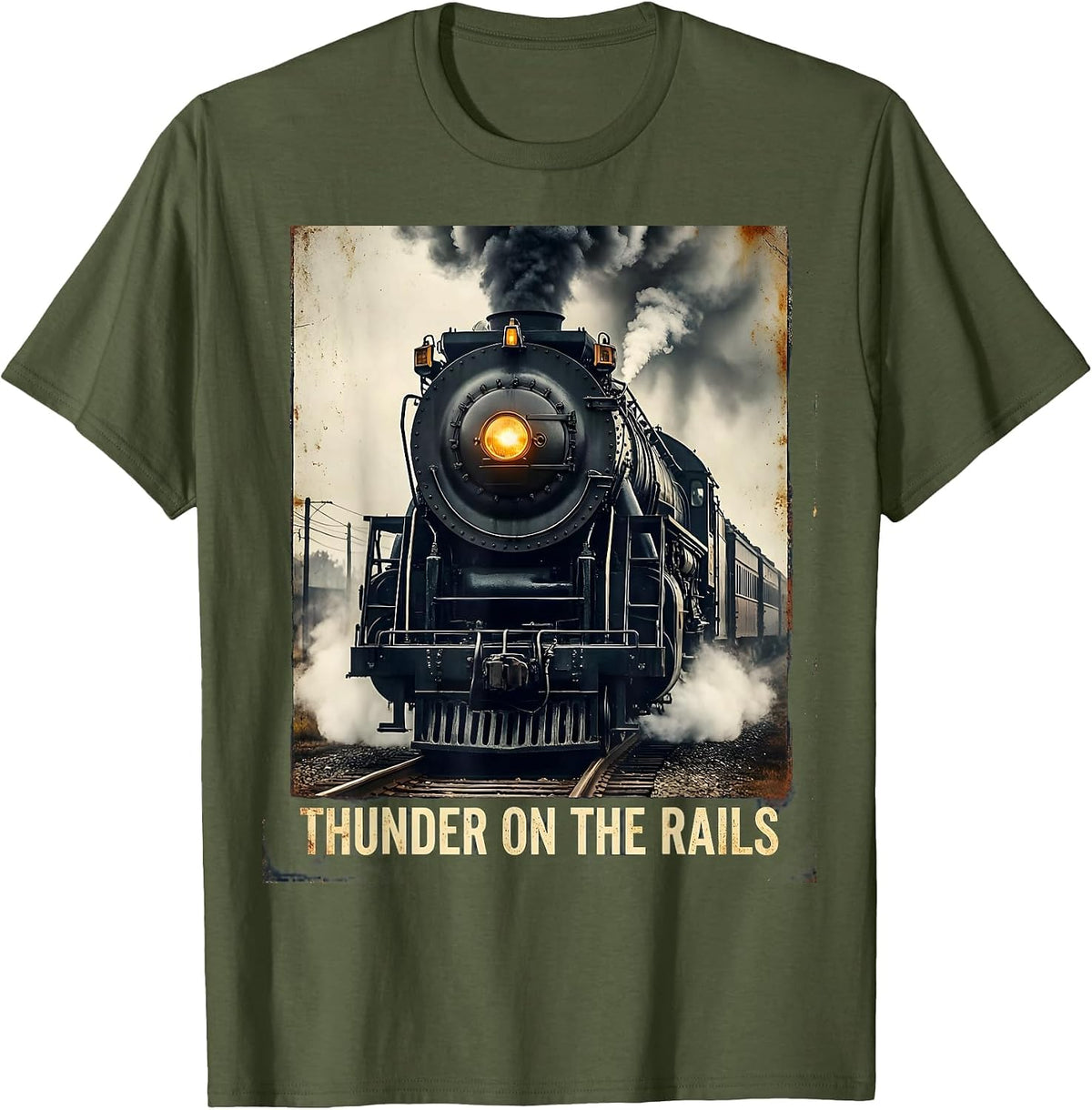 Men's Thunder On The Rails Vintage Big Boy 4014 Steam Locomotive T-Shirt - Olive Green