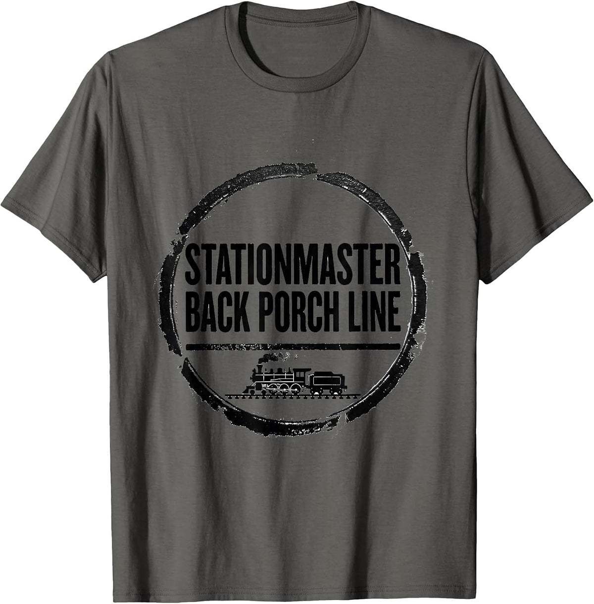 Men's Stationmaster Back Porch Line Vintage Steam Train Enthusiast T-Shirt - Asphalt Grey