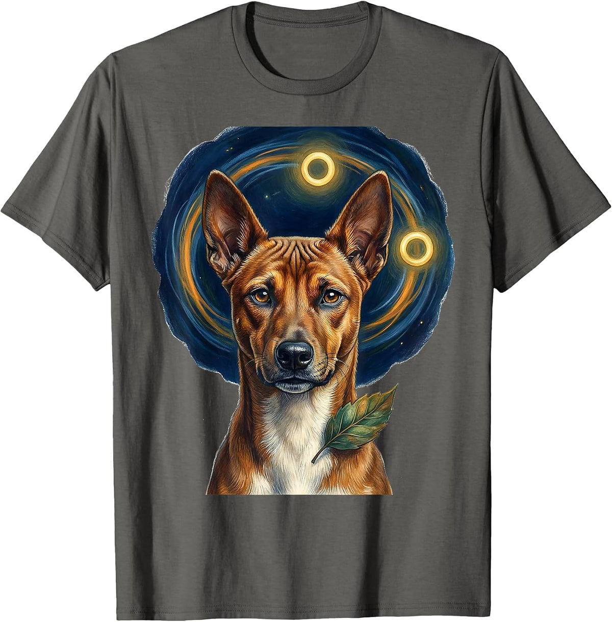 Basenji Dog Van Gogh Style Starry Night Portrait T-Shirt - Asphalt Grey