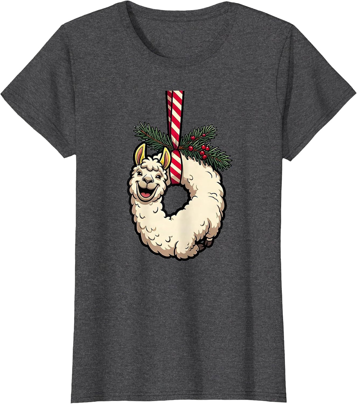 Women's Cartoon Llama Hanging Ornament Christmas Animal Lover T-Shirt - Dark Heather Grey