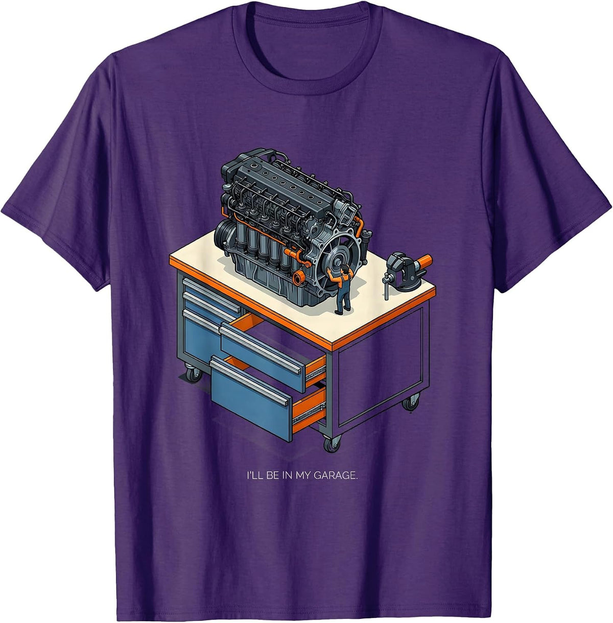 I'll Be In My Garage Isometric Mechanic Dad Joke Car Guy T-Shirt - Purple