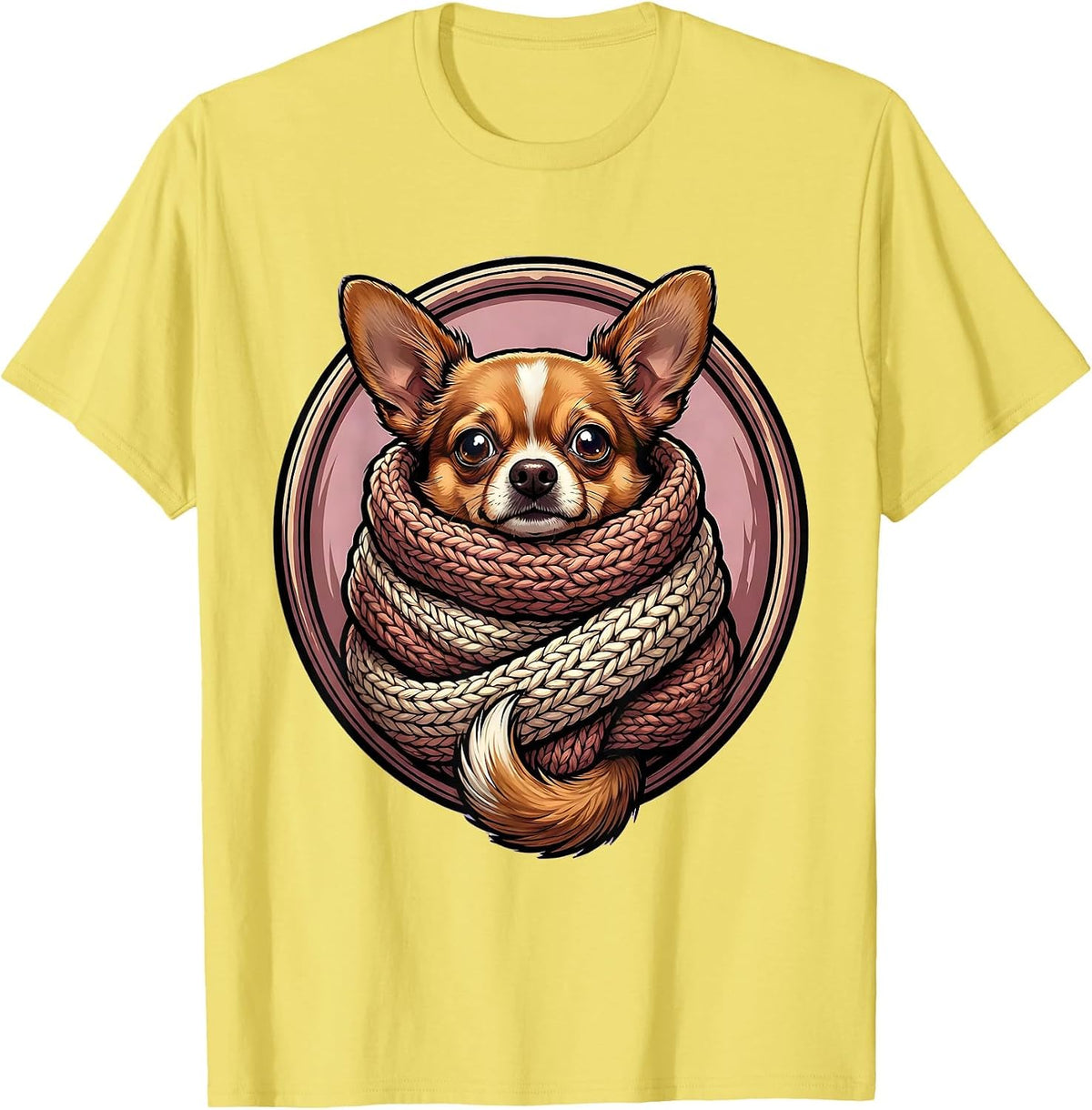 Men's Cozy Chihuahua Bundled in Oversized Knit Scarf T-Shirt - Lemon Yellow