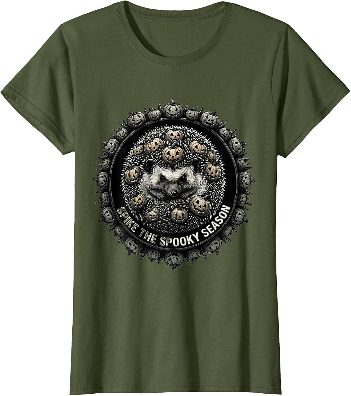 Women's Spike the Spooky Season Halloween Hedgehog Design T-Shirt - Olive Green