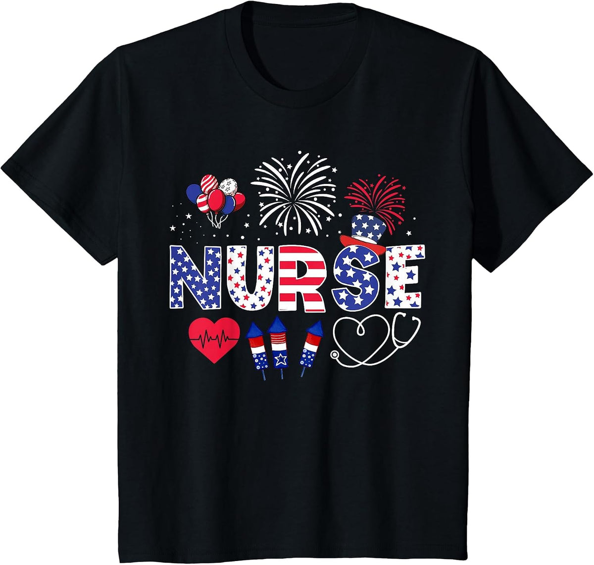 4th of July Nurse American Flag Fourth of July Nurse T-Shirt - Black