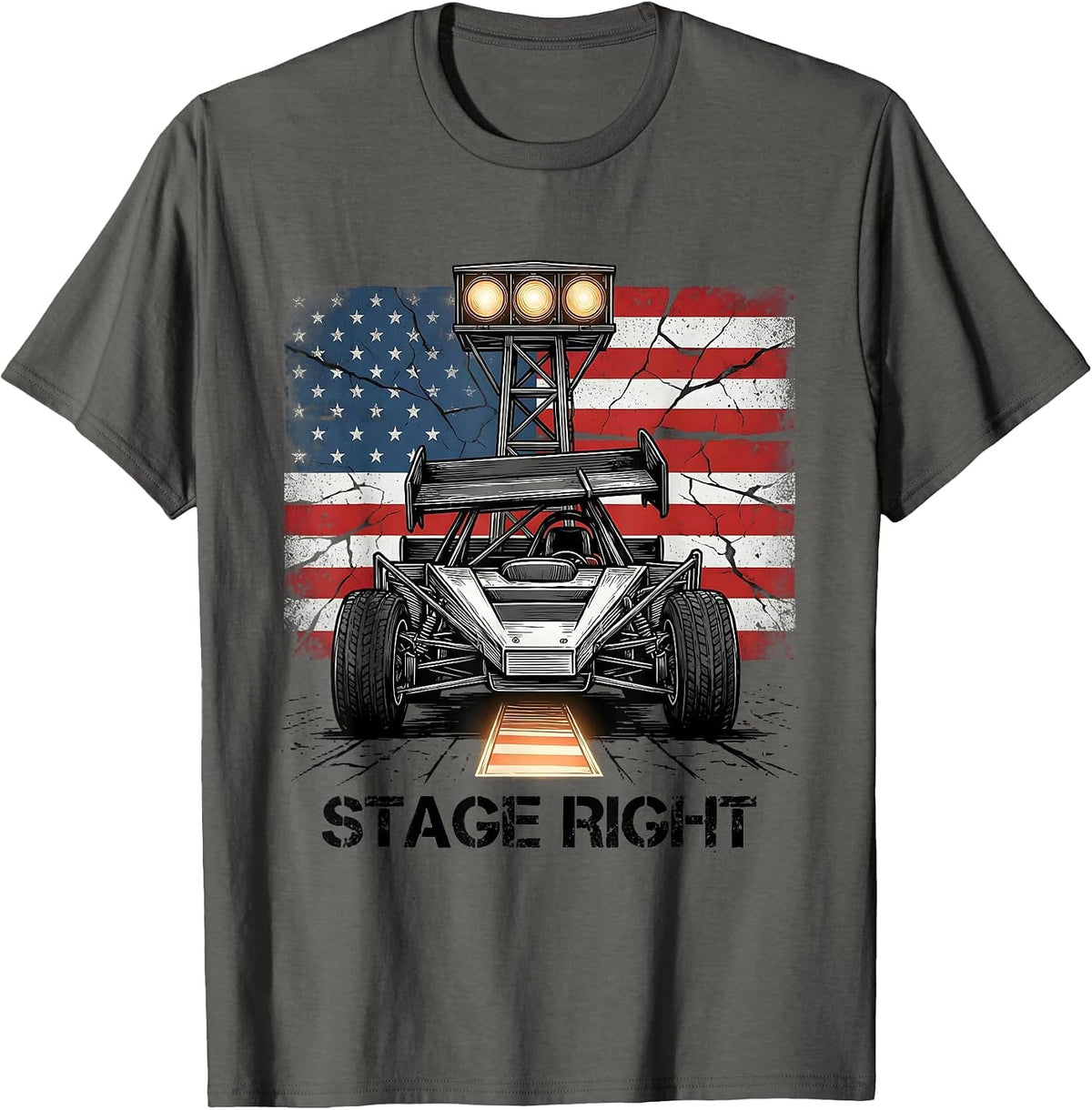 Stage Right Patriotic Sprint Car Racing American Flag RC T-Shirt - Asphalt Grey