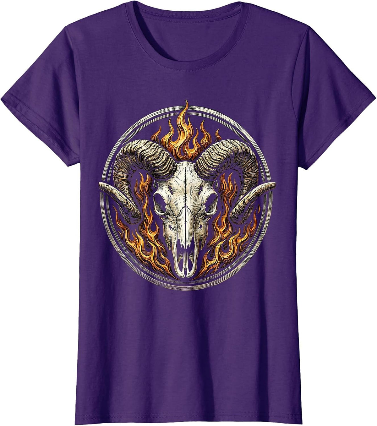 Women's Horned Skull Dark Flames Horror Graphic Design T-Shirt - Purple