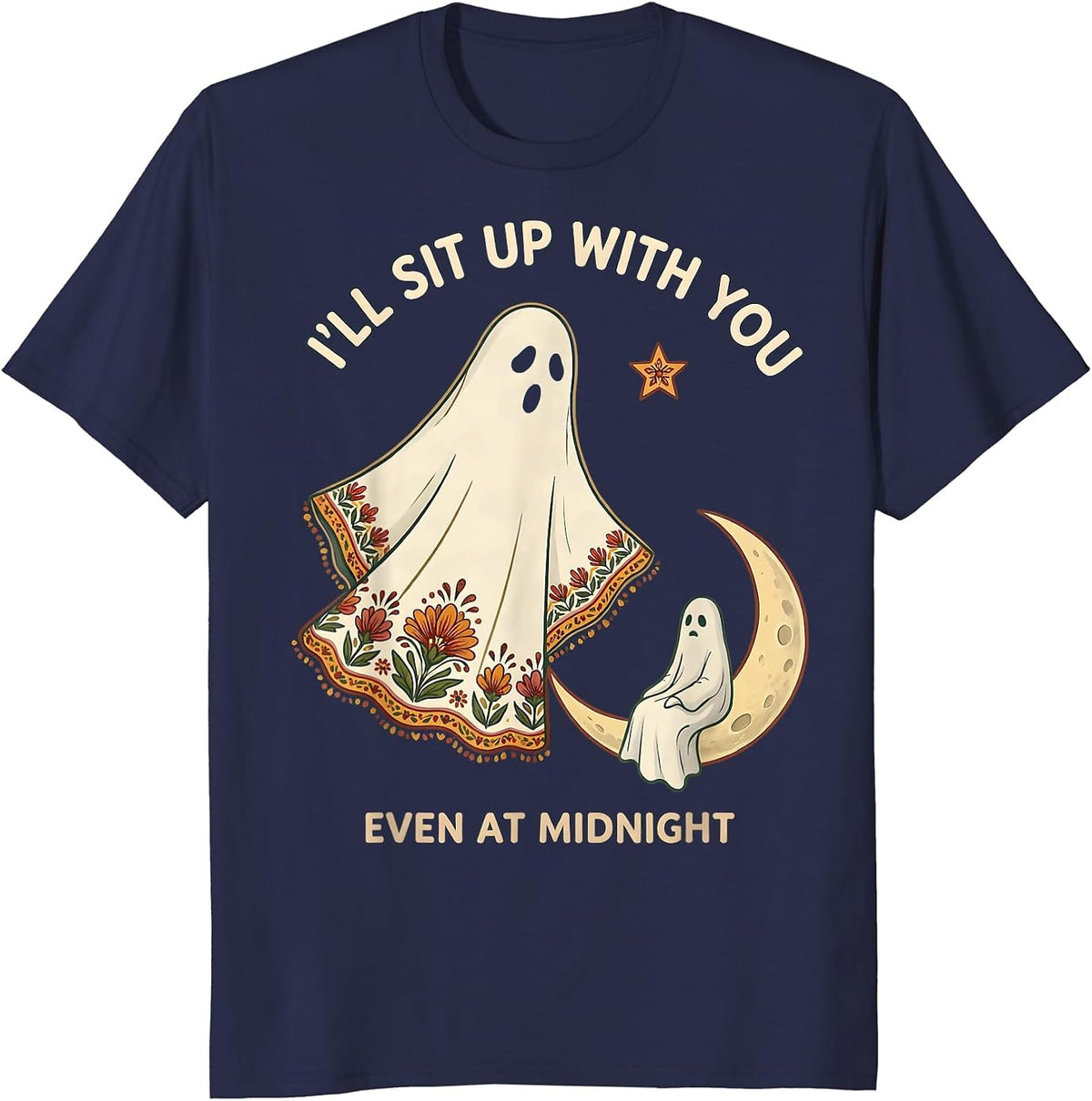 Men's I'll Sit Up With You, Even At Midnight Folk Art Ghost T-Shirt - Navy Blue
