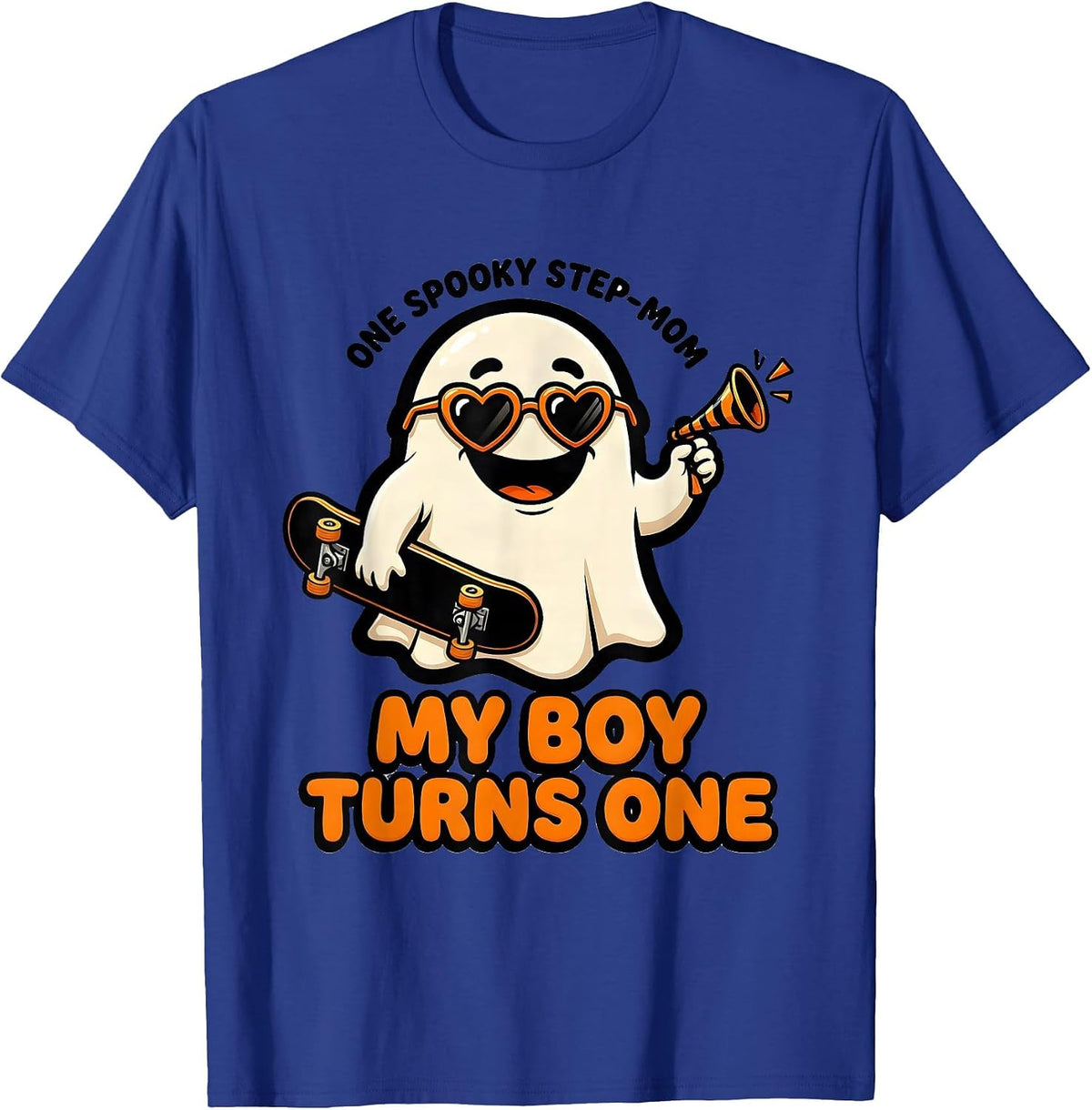 One Spooky Step-Mom My Boy Turns One Cartoon Ghost Halloween T-Shirt - Royal Blue