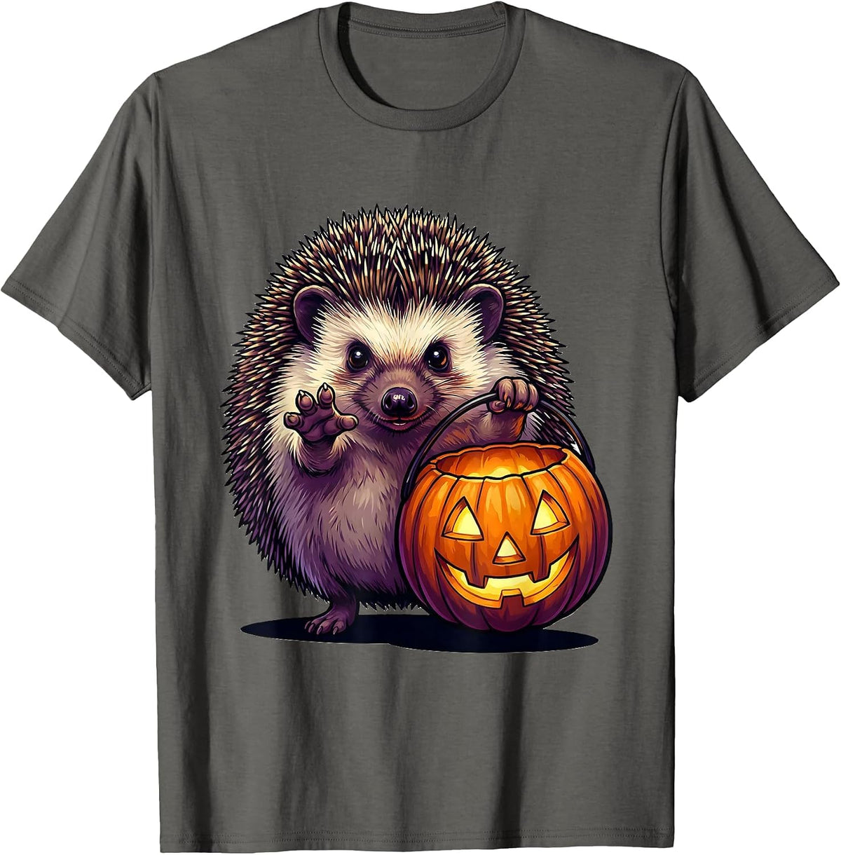 Chubby Hedgehog Pumpkin Candy Bucket Halloween Kids T-Shirt - Asphalt Grey