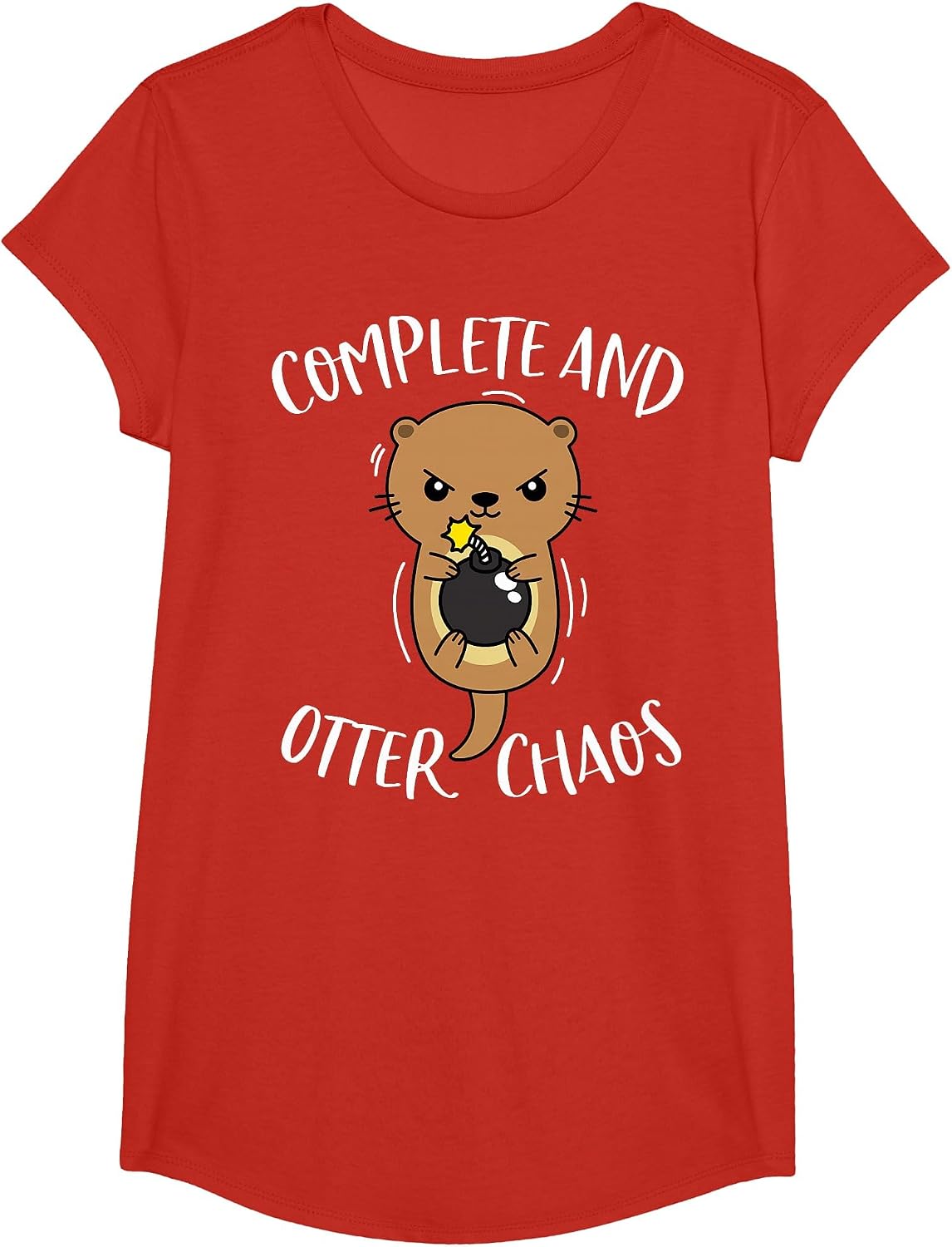 Complete and Otter Chaos Funny Cute Sea Otter Pun T-Shirt - Girls Red