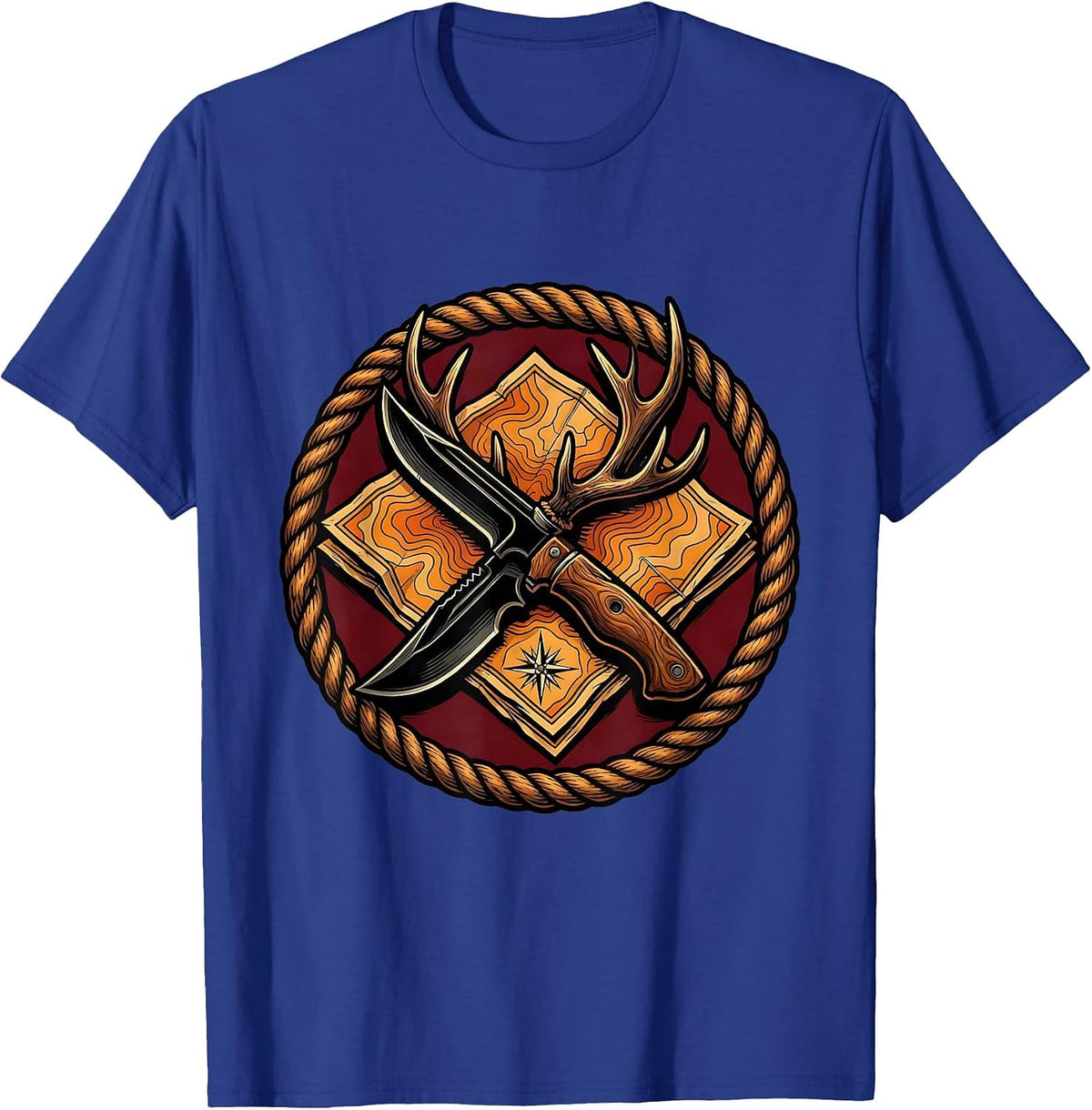 Knife and Antler on Map Hunting Graphic T-Shirt - Royal Blue