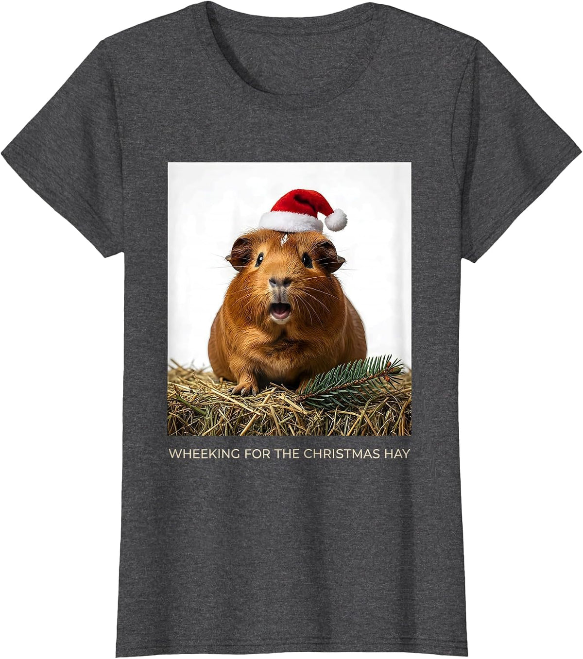 Women's Wheeking For The Christmas Hay Funny Guinea Pig Santa Hat T-Shirt - Dark Heather Grey