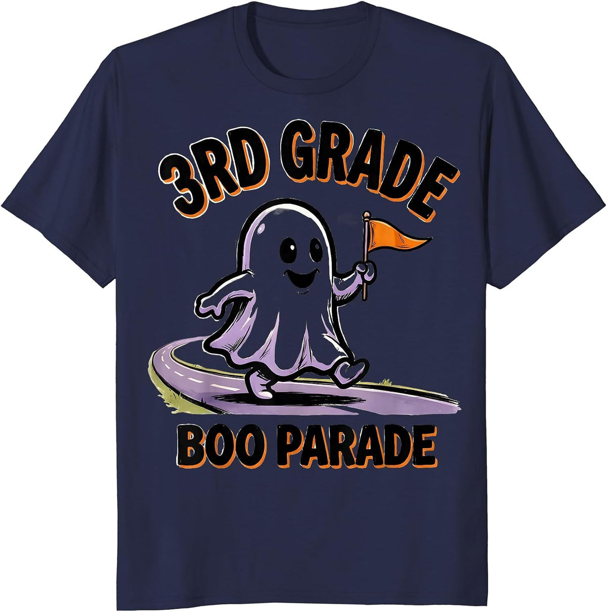 Men's 3rd Grade Boo Parade Cartoon Ghost Halloween Teacher Humor T-Shirt - Navy Blue