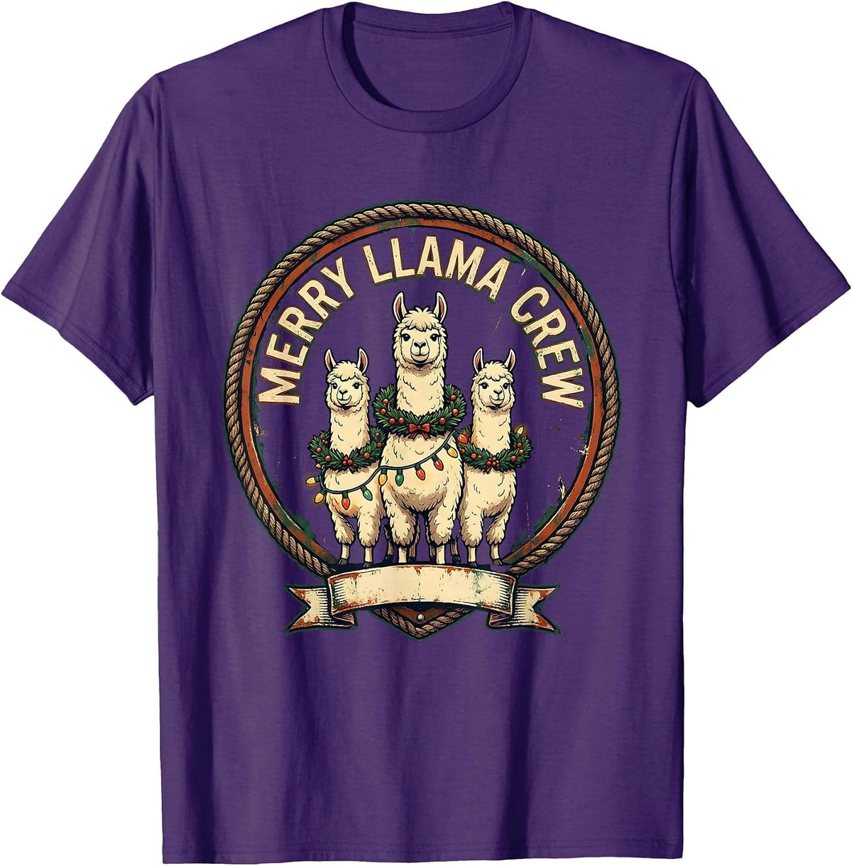 Men's Merry Llama Crew Vintage Funny Llama Lover Christmas T-Shirt - Purple