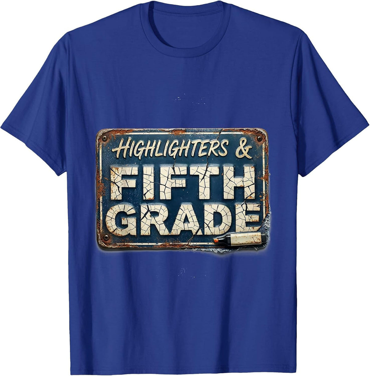 Highlighters & Fifth Grade Distressed Retro Teacher Girl T-Shirt - Royal Blue