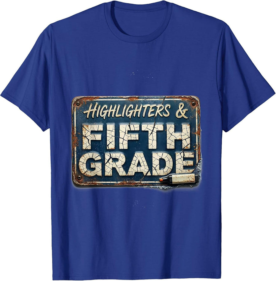Highlighters & Fifth Grade Distressed Retro Teacher Girl T-Shirt - Royal Blue