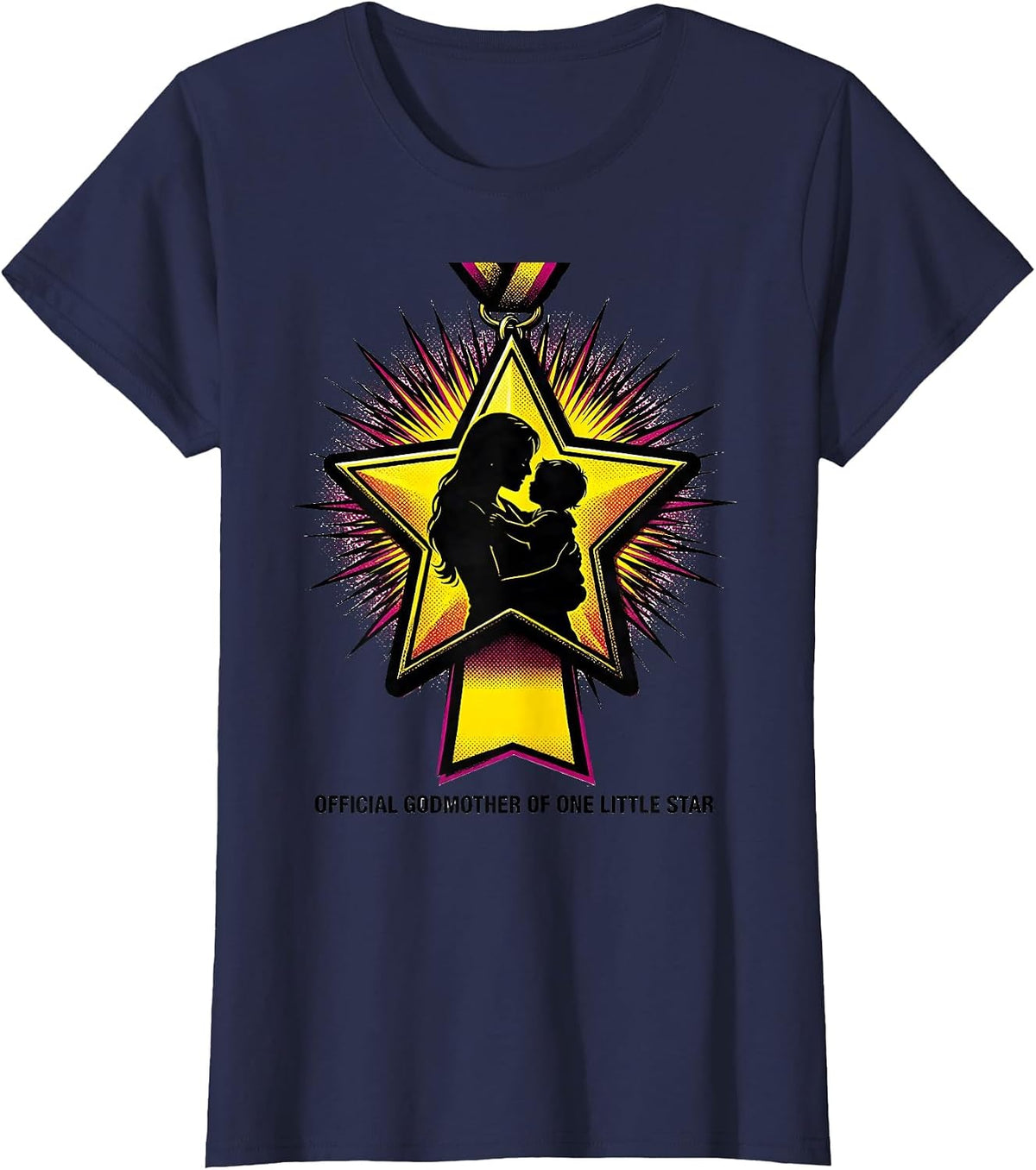Women's Official Godmother of One Little Star Pop Art Family Humor T-Shirt - Navy Blue