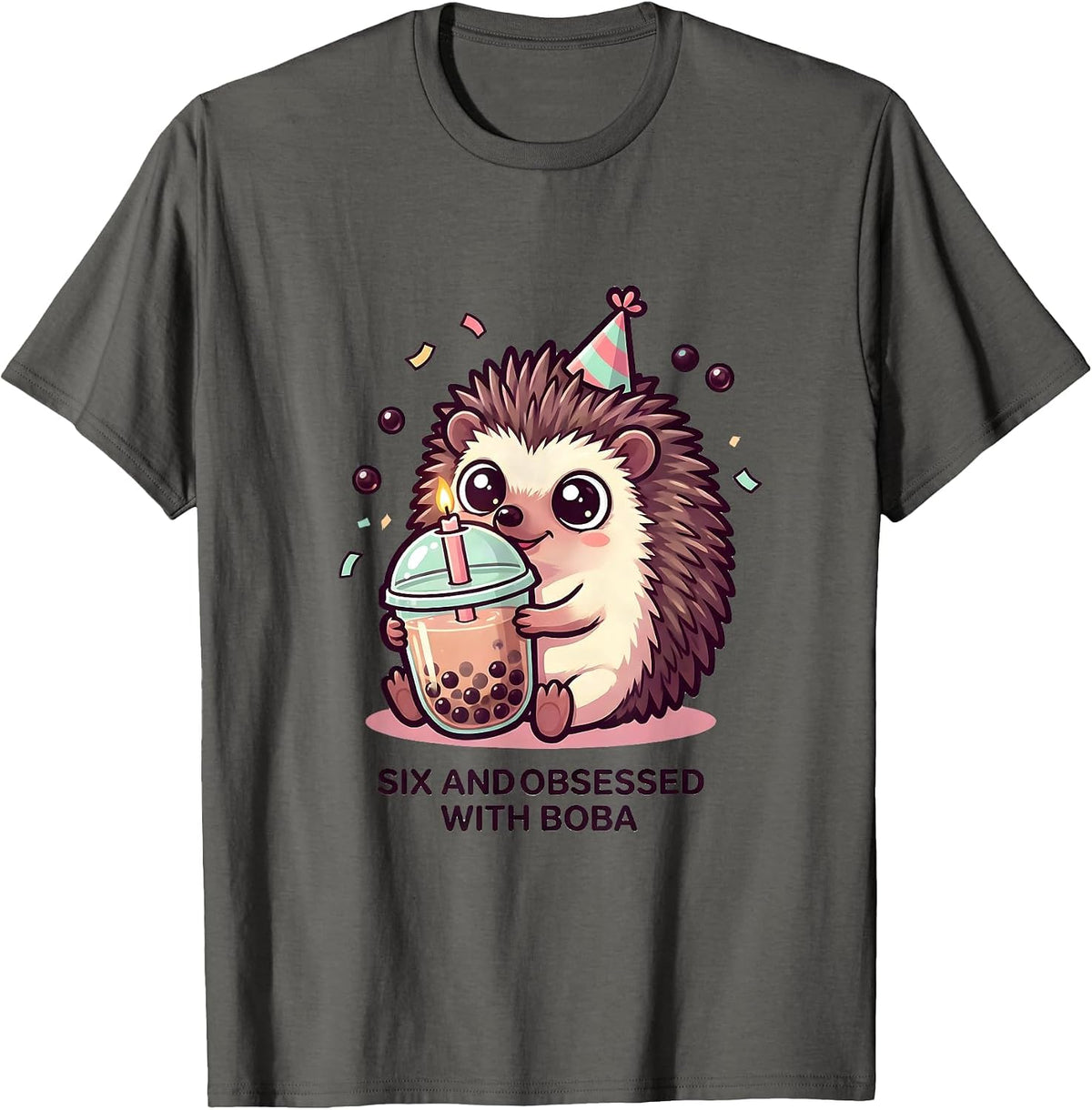 Six And Obsessed With Boba Kawaii Chibi Hedgehog Boba Tea T-Shirt - Asphalt Grey