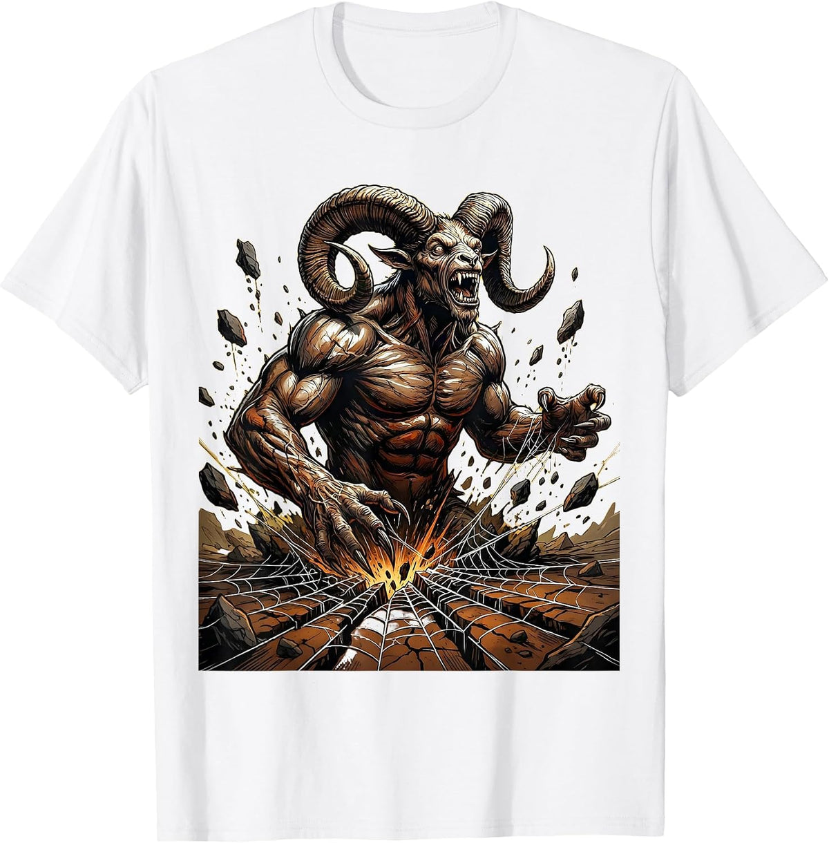 Men's Horned Demon Rising From Cracked Earth T-Shirt - White