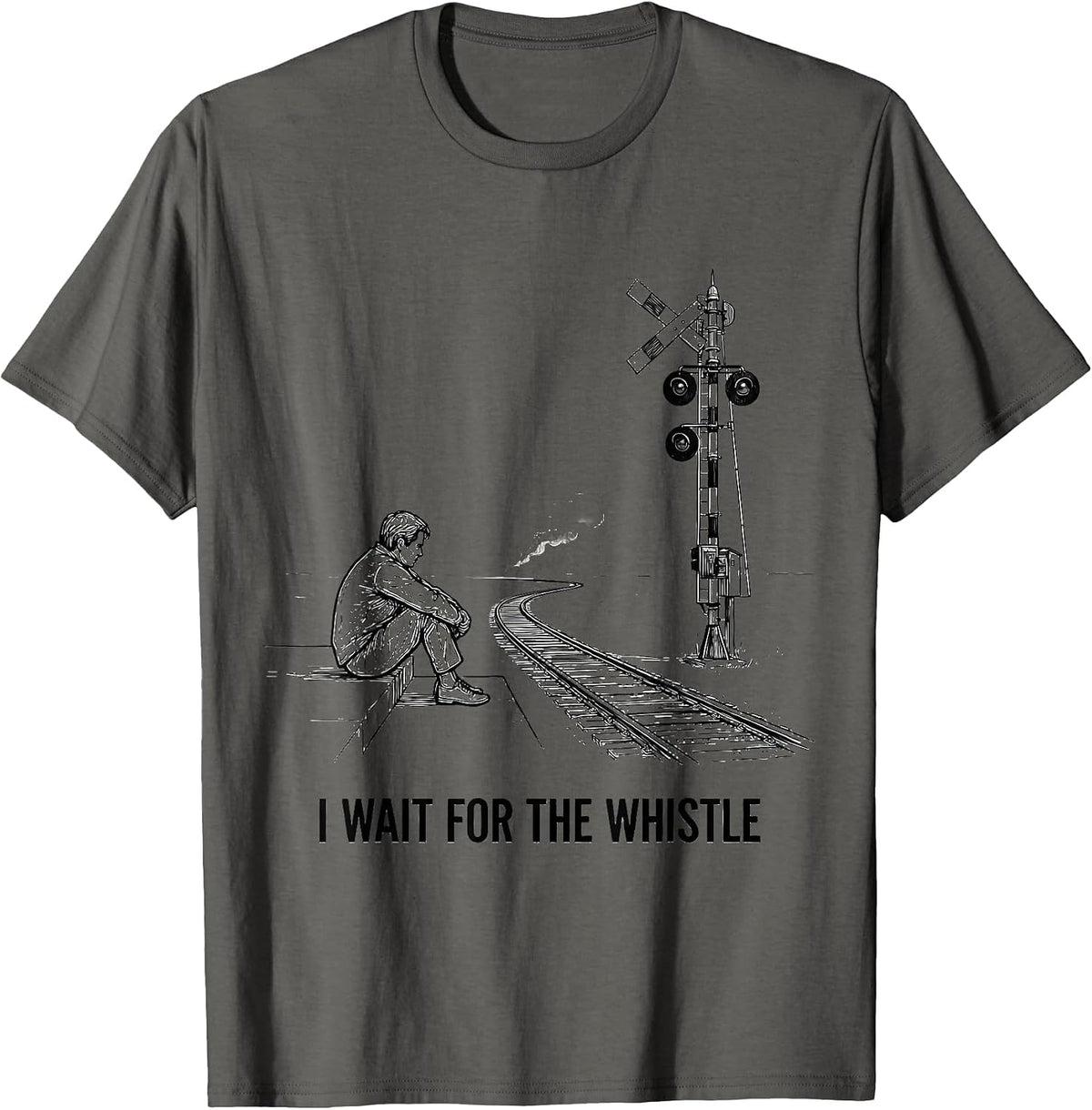 I Wait For The Whistle Steam Locomotive Train Enthusiast T-Shirt - Asphalt Grey