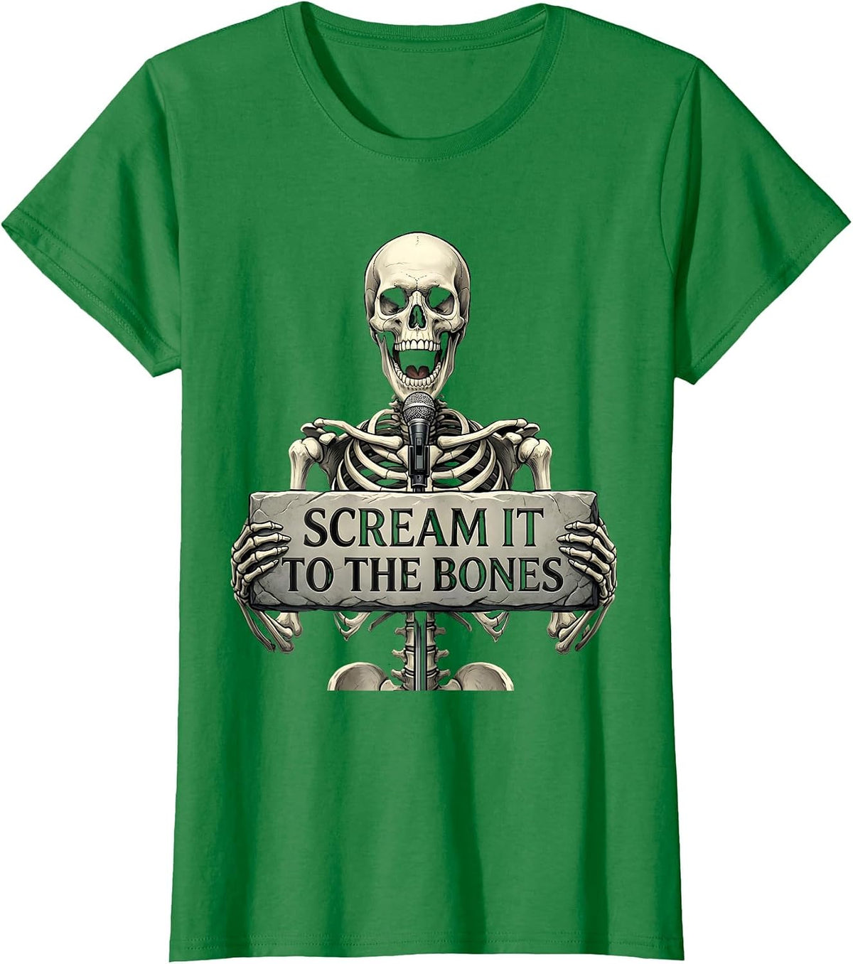 Women's Halloween Skeleton Heavy Metal Karaoke Design T-Shirt - Kelly Green