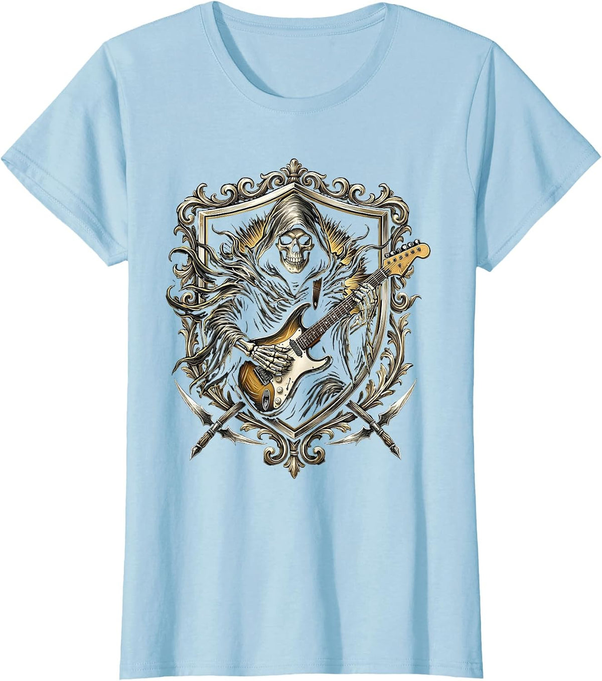 Women's Grim Reaper Electric Guitar Solo Graphic T-Shirt - Baby Blue