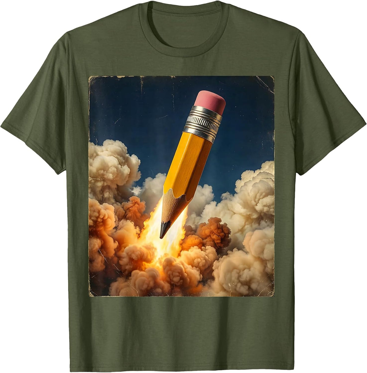 4th Grade Teacher Pencil Rocket Ship Blasting Clouds T-Shirt - Olive Green