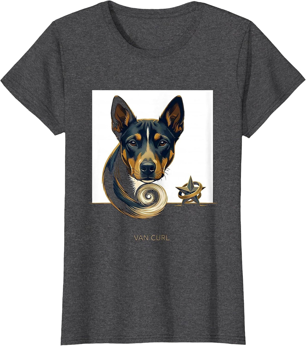 Women's Van Curl Minimalist Basenji Starry Night Dog Portrait Art T-Shirt - Dark Heather Grey
