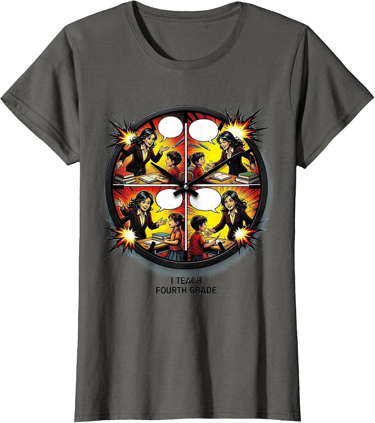 Women's I Teach Fourth Grade Comic Book Teacher Back To School Staff T-Shirt - Asphalt Grey
