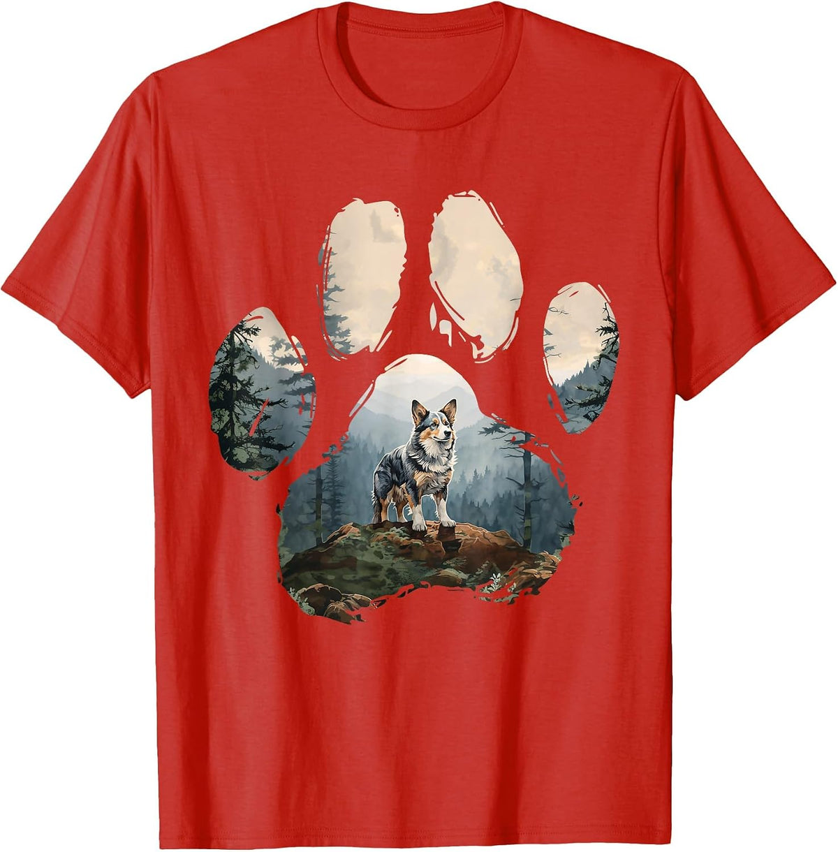 Blue Merle Corgi Mountain Paw Design Dog Mom Dad T-Shirt - Red