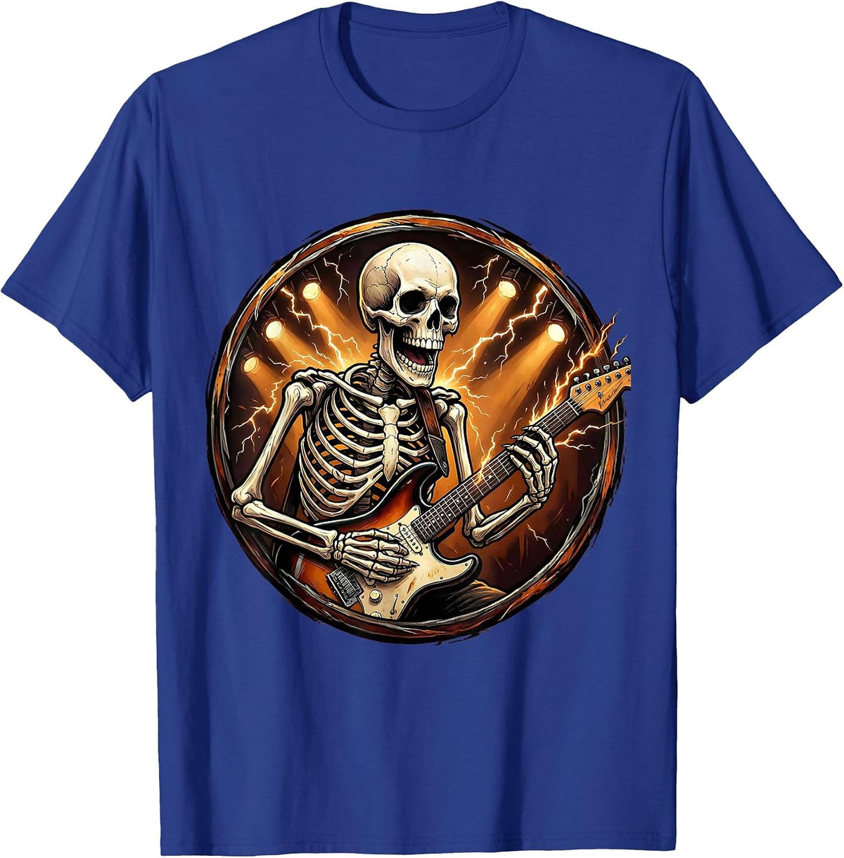 Skeleton Guitarist Shredding on Stage Rock Design T-Shirt - Royal Blue
