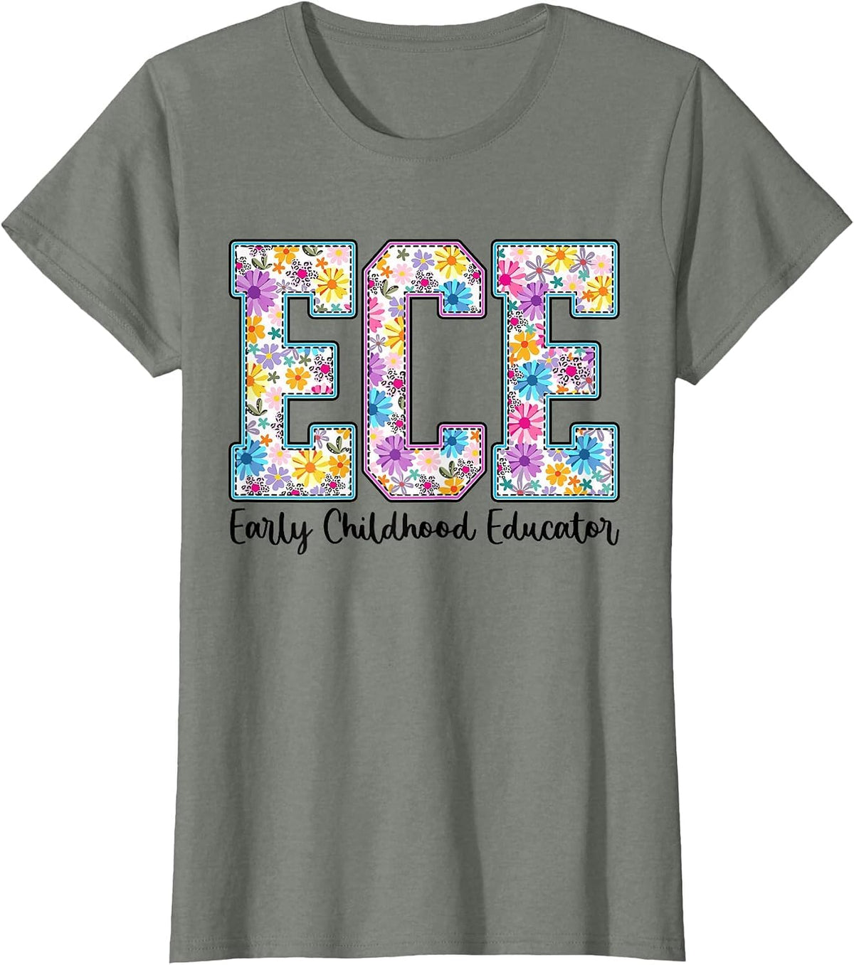 Retro ECE Early Childhood Educator Boho Floral Teacher Tee T-Shirt - Olive Heather