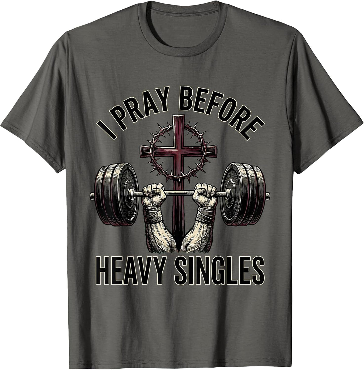 Men's I Pray Before Heavy Singles Vintage Christian Weightlifter T-Shirt - Asphalt Grey