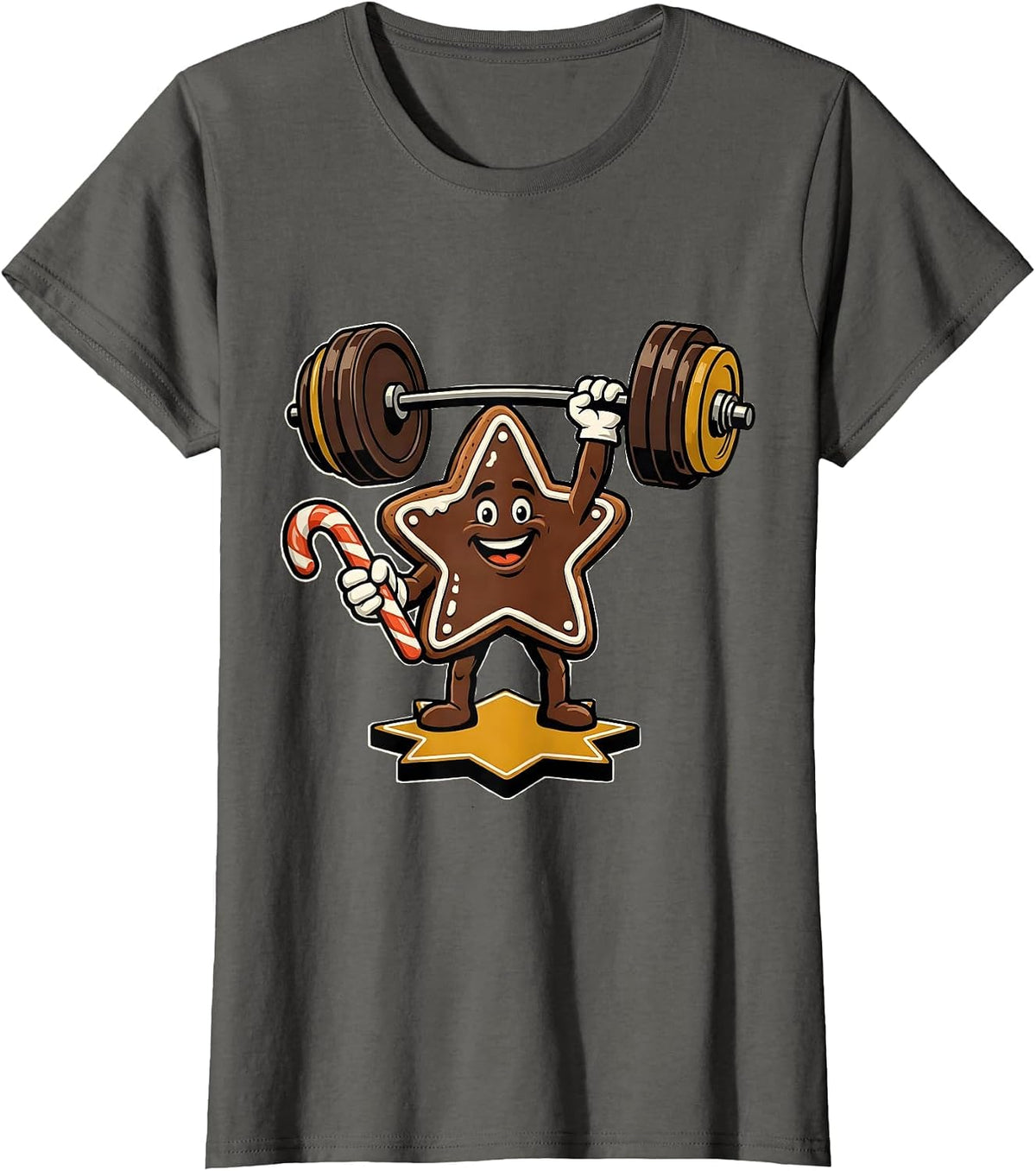 Women's Iced Star-Cookie Grinning Gym Mascot Retro Christmas T-Shirt - Asphalt Grey