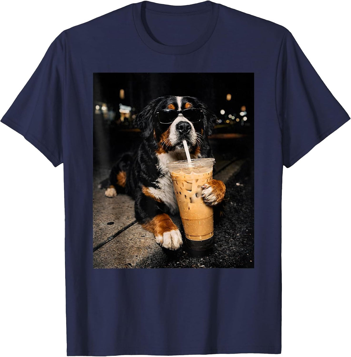 Bernese Mountain Drinking Iced Coffee Lover Humor Funny Meme T-Shirt - Navy Blue