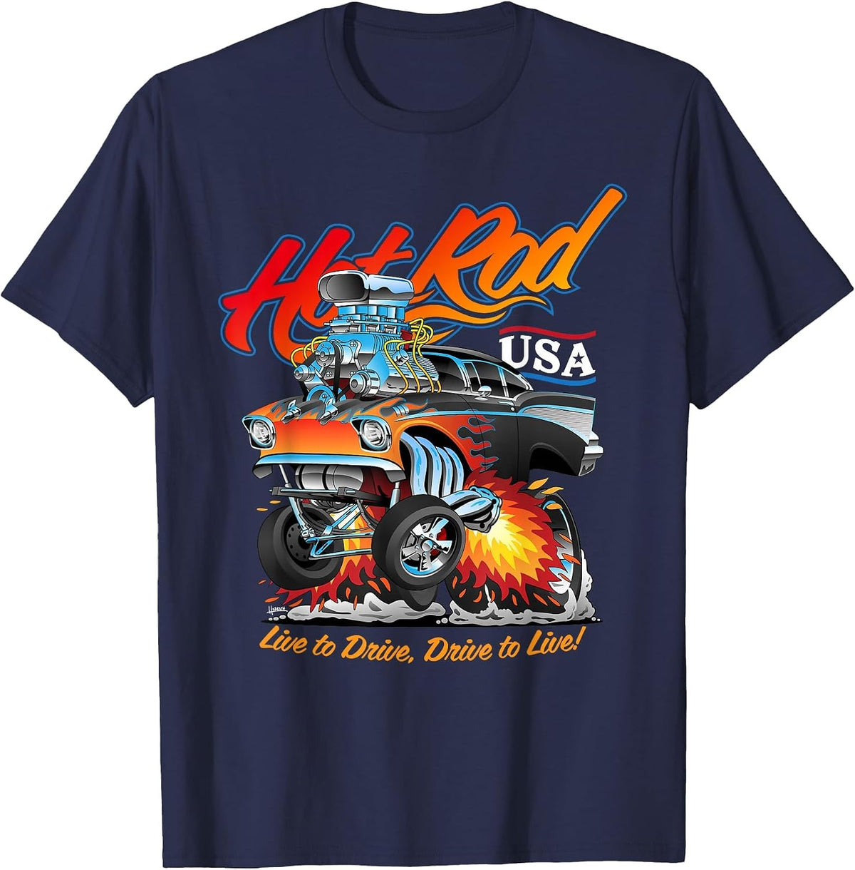 Hotrod USA Classic Muscle Car Cartoon Hotrod Funny Car T-Shirt - Navy Blue