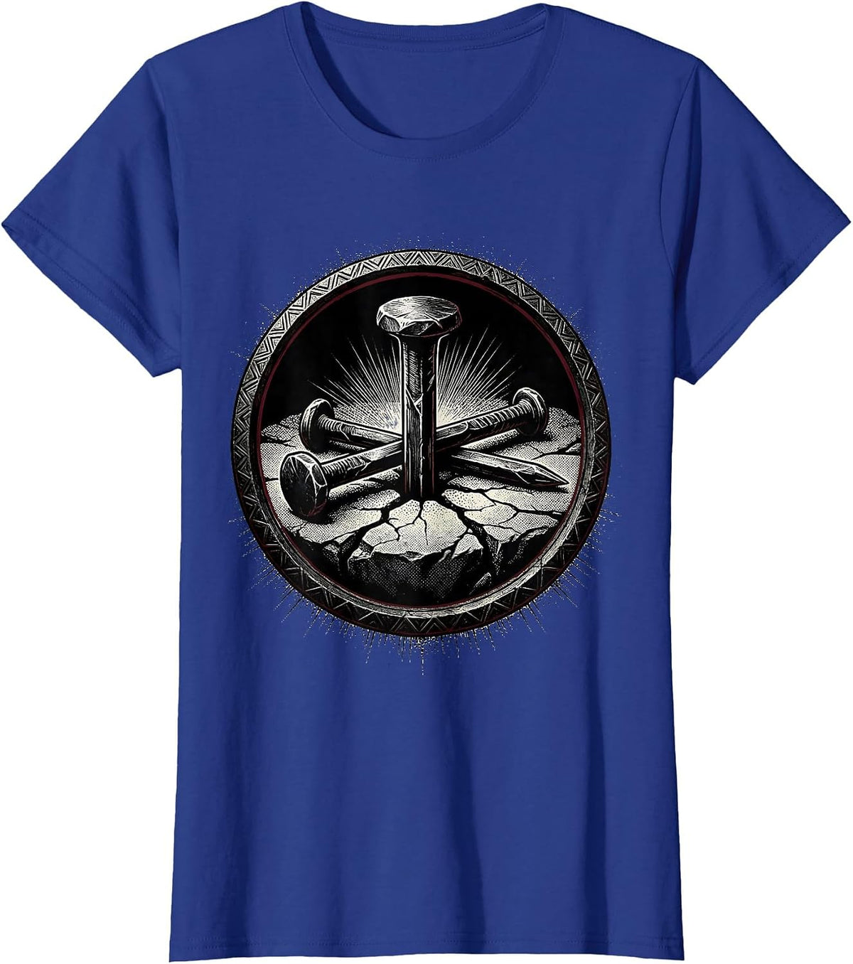 Women's Three Nails Cross Stone Ground Christian Art T-Shirt - Royal Blue