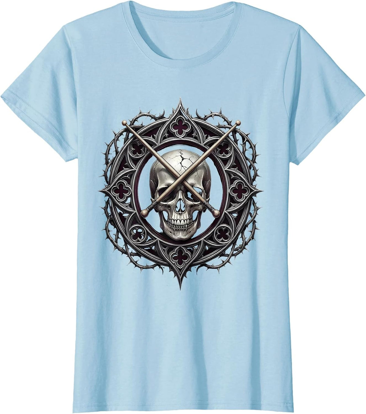 Women's Crossed Drumsticks Cracked Skull Vintage Rock Design T-Shirt - Baby Blue