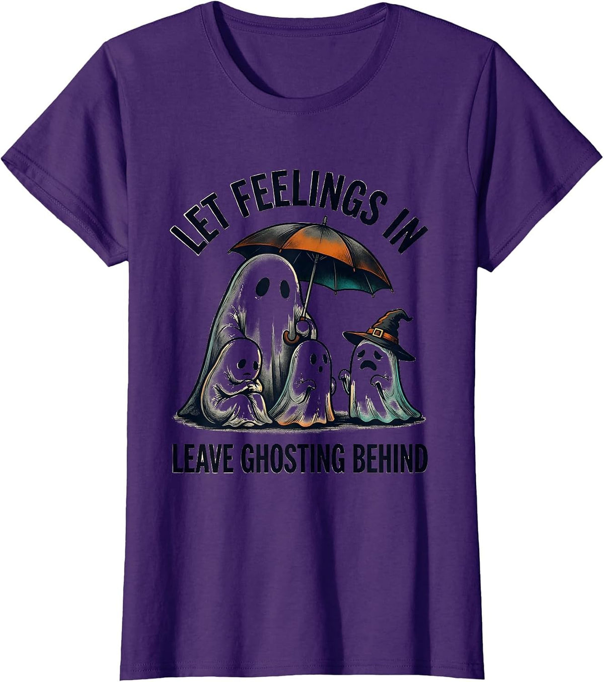 Women's Let Feelings In, Leave Ghosting Behind Funny Ghost Halloween T-Shirt - Purple