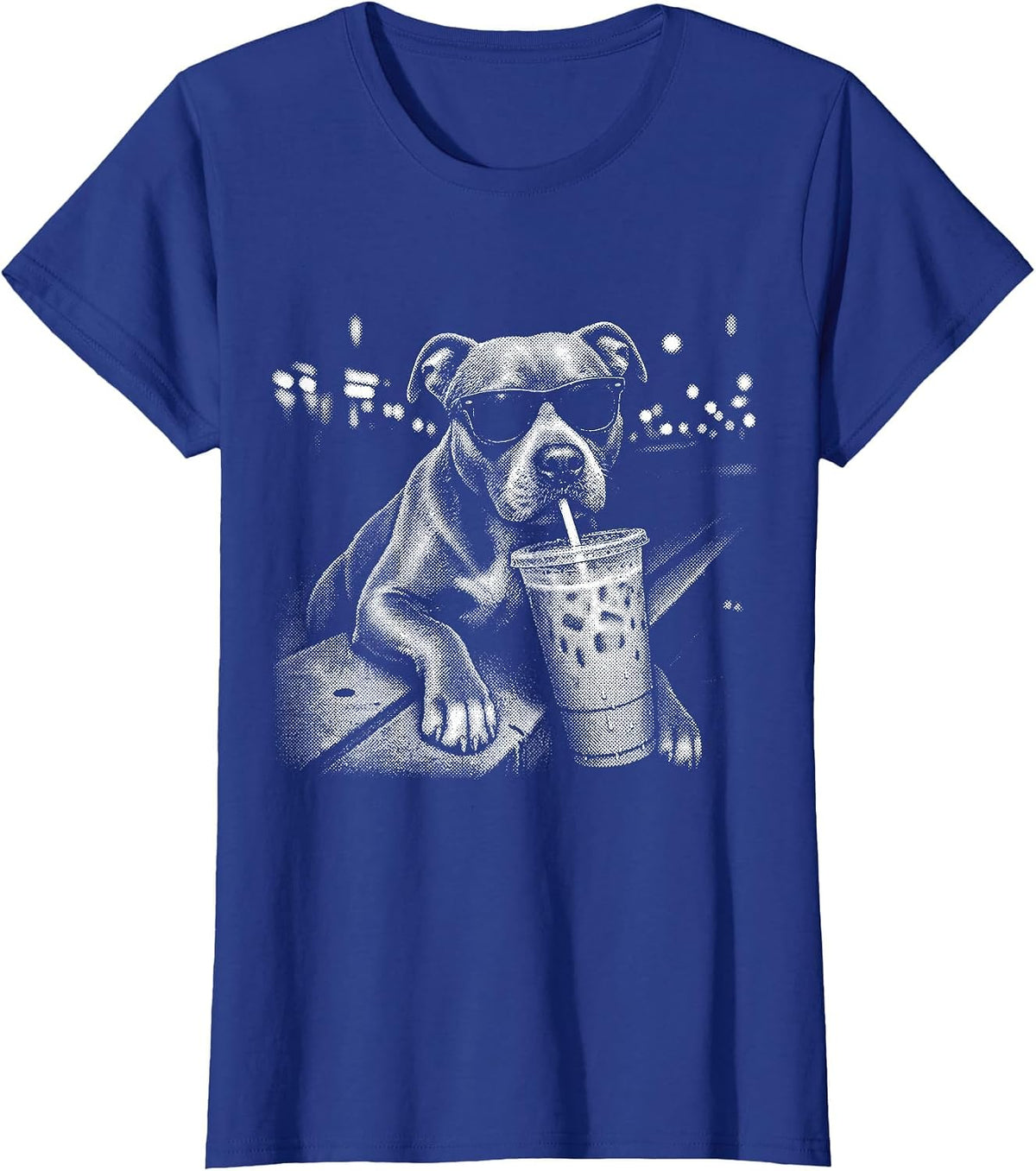 Funny Pitbull Drinking Iced Coffee Animal Meme Graphic T-Shirt - Royal Blue
