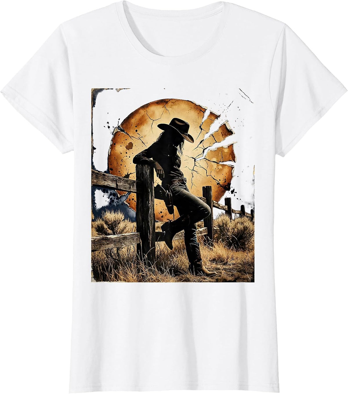 Women's Cowgirl Leaning on Fence Sunset Rodeo Design T-Shirt - White