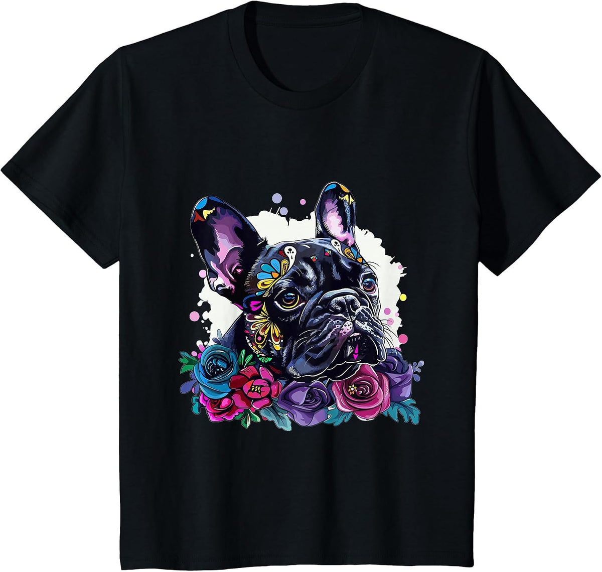 French Bulldog Sugar Skull Dia De Los Muertos Graphic T-Shirt - Black