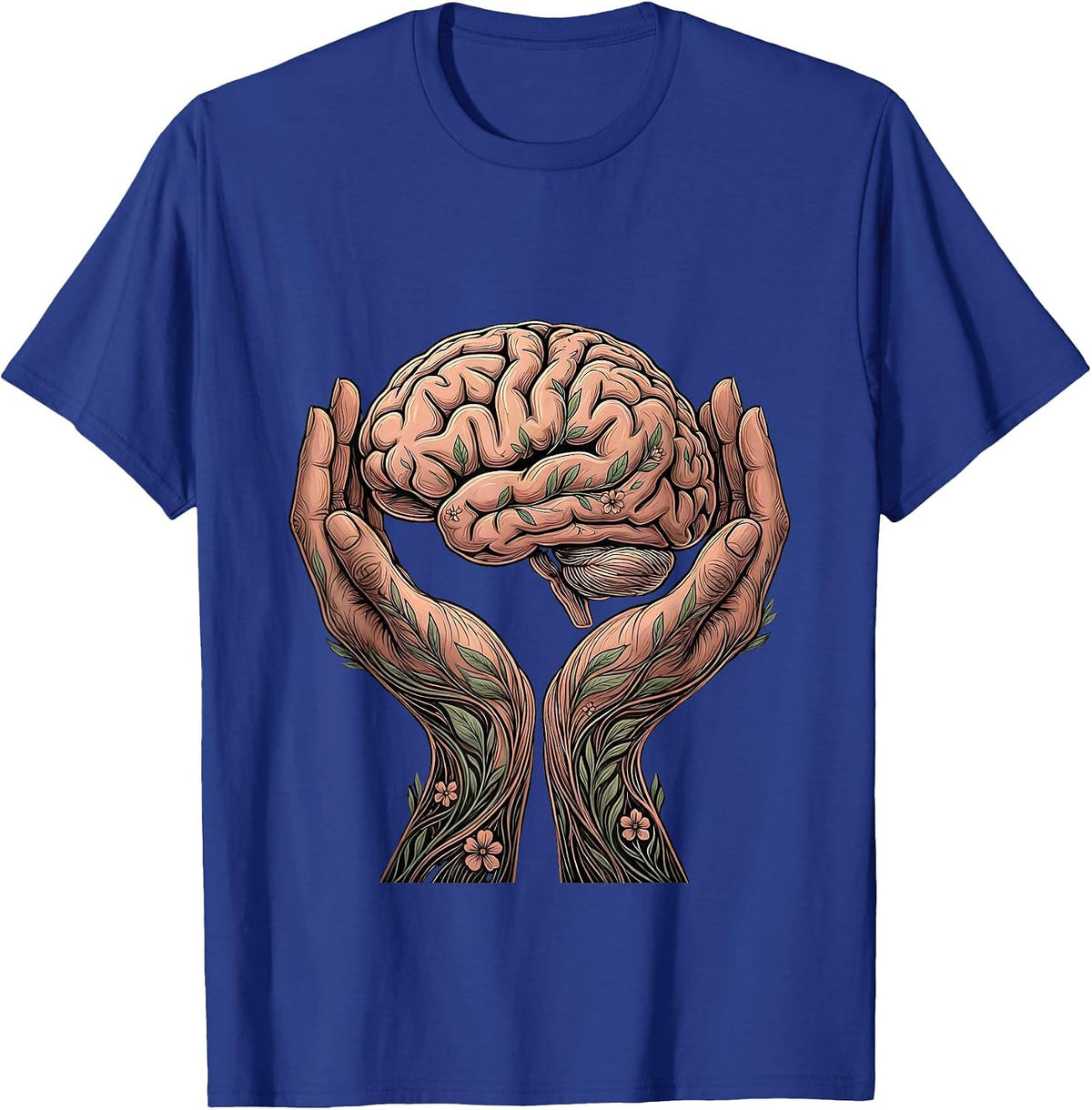 Men's Cupped Hands Glowing Brain Mental Health Graphic T-Shirt - Royal Blue