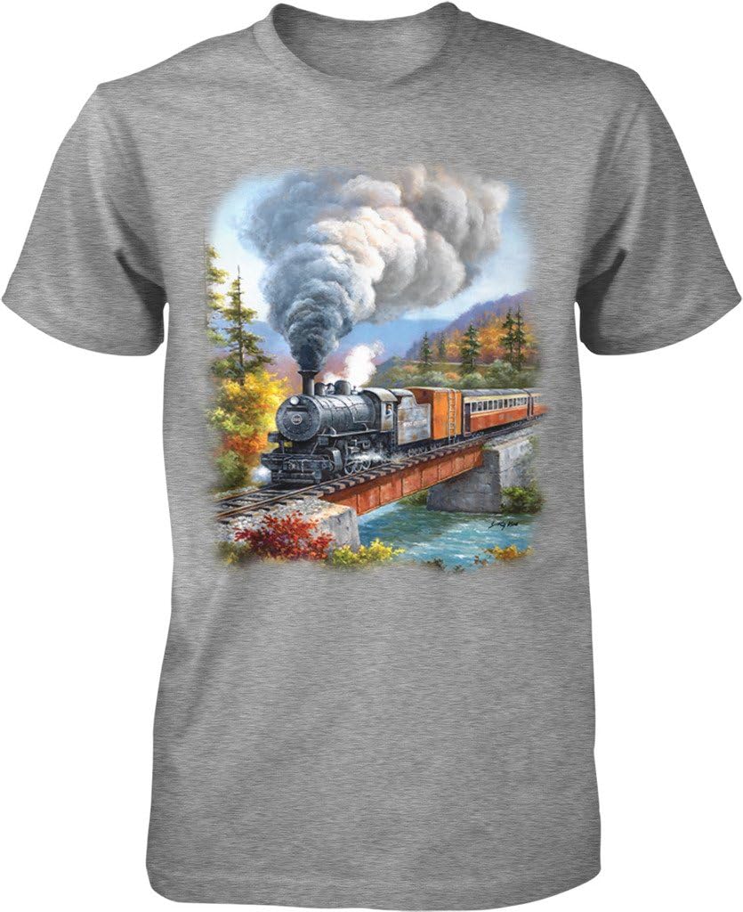 NOFO Clothing Co Train Crossing, Locomotive Bridge Men's T-Shirt, M LtGray - As Pictured