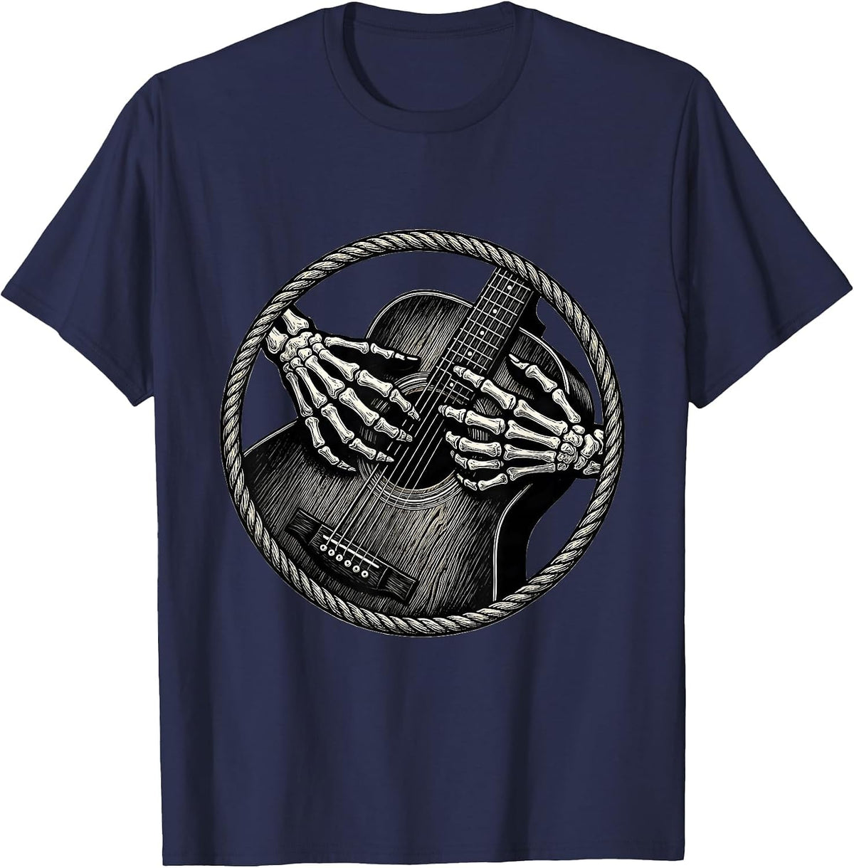 Skeleton Hands Strumming Acoustic Guitar T-Shirt - Navy Blue
