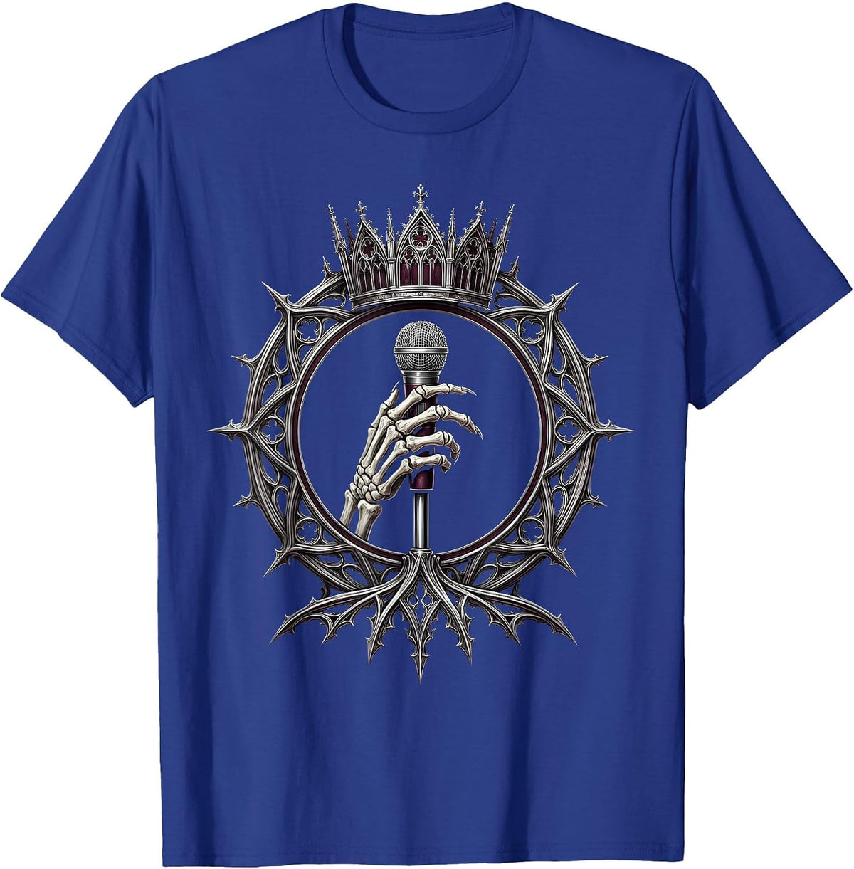 Skeletal Hand Microphone Stand Rock Band Graphic T-Shirt - Royal Blue
