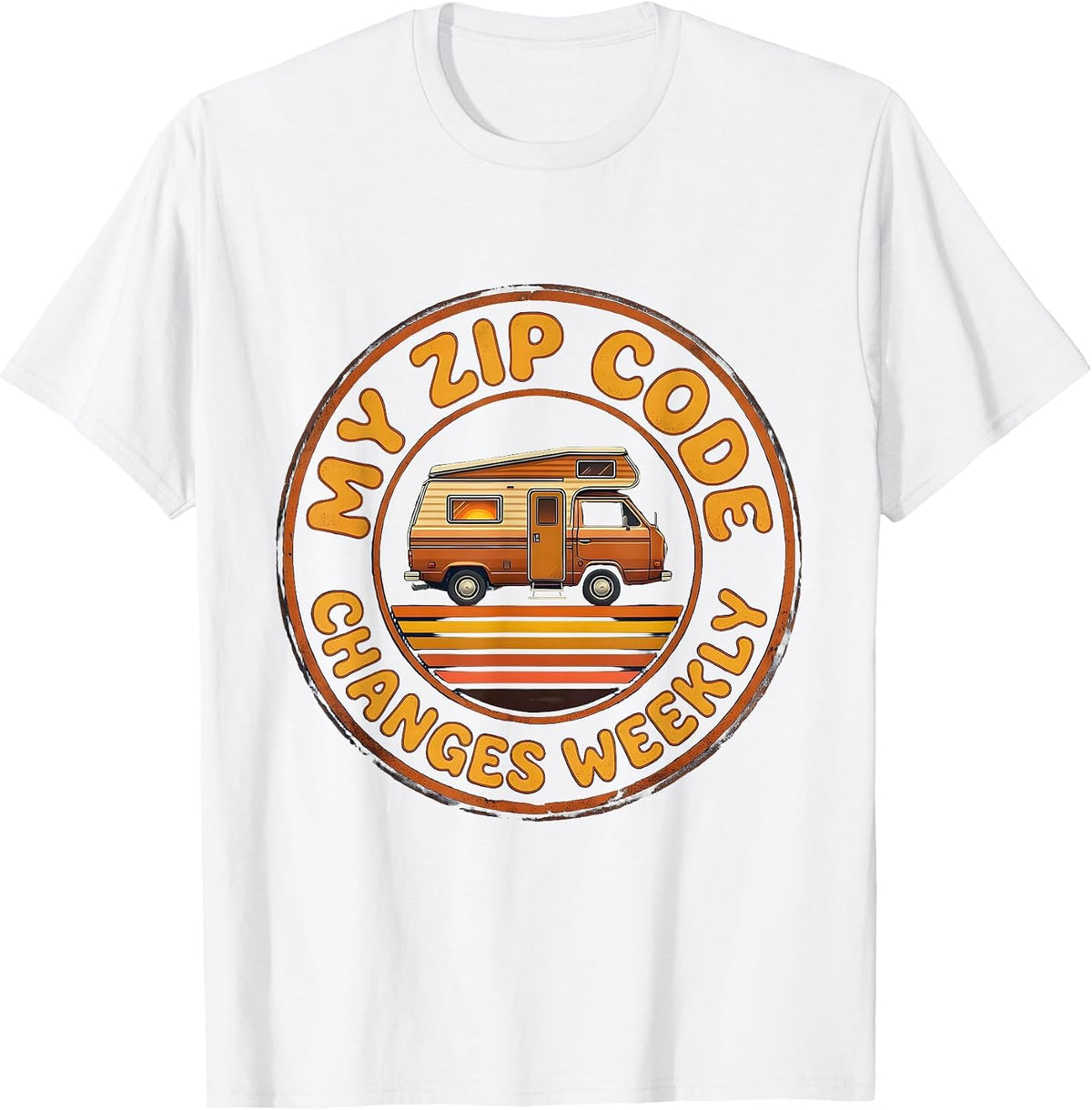 Men's My Zip Code Changes Weekly Retro Van Life Nomads Camper Van T-Shirt - White